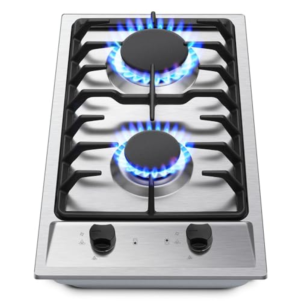 Eascookchef 2-Burner Gas Cooktop with Thermocouple Protection - NG/LPG Convertible 12" Stainless Steel Built-in Gas Stove Top for RV, Kitchen & Camping