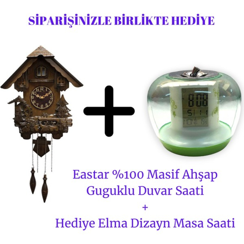 Eastar Masif Ahşap Pilli Guguklu Duvar Saati + Hediye Elma Dizayn Masa Saati - Kahverengi Dekoratif Saat Fiyatı