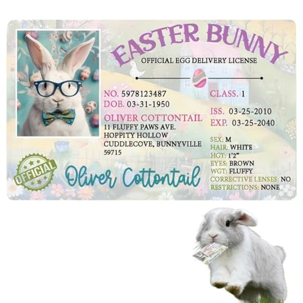 Easter Basket Stuffers,Bunny Cards, Rabbit Driver's License, Easter Bunny Lost Driver's License, Easter Decorations, Easter License Card for Kids, Easter Gifts for Kids (1 Pcs)