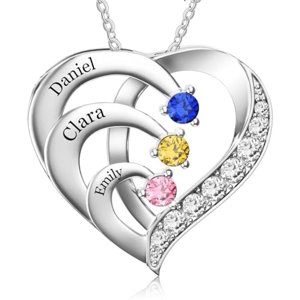 Easycosy Mothers day gifts Name Necklace Personalised Jewellery Love Heart with Birthstones Pendant Anniversary Birthday Gifts for Women Wife Daughter Mum Grandma Girlfriend S925 Silver
