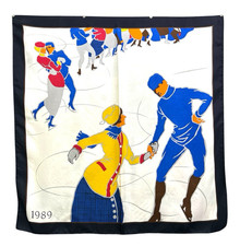 VTG 1989 Ice Skaters Square Scarf Art Novelty Retro Winter Silk Blend Head Wrap Unisex Scarf price