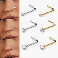 1-8pcs 20g Surgical Steel Bezel Gem CZ Nose Ring Stud L Shape Piercing Nose Stud price