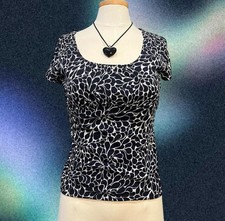 Ann Taylor Navy White Abstract Mesh Shirt Petite Extra Small Baby Blouse price