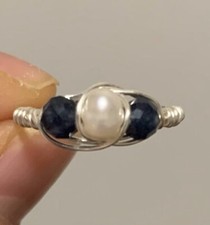freshwater Pearl and Sapphire Ring handmade wire wrapped all size S M L Pearl Ring price