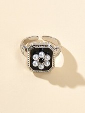 Retro Textured Jewellery Pearl Flower Black Enamel Square Chunky Open Cuff Ring Pearl Ring price
