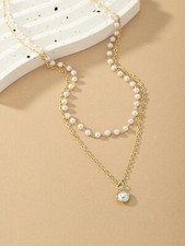 Double Layer Gold Colour Chain Pearl Pendant Necklace Jewellery for Women Men Gold Necklace price