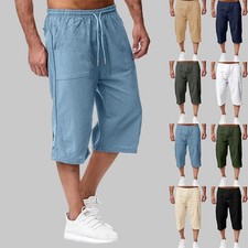 Mens Cotton Linen Cargo Shorts Elasticated Waist 3/4 Length Capri Cropped Pants Men's Capri Trousers price