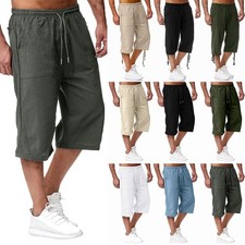 Mens Cotton Linen 3/4 Length Shorts Elastic Waist Cargo Capri Cropped Pants Size Men's Capri Trousers price