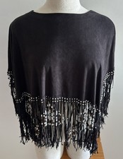 CAMILLA Deep Brown Suede Boho Festival Beaded Fringe Poncho Size OS Poncho price