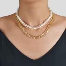 Punk Retro Multi-layer Crude Gold Chain Pearl Short Collar Necklace Women Choker Pearl Necklace price