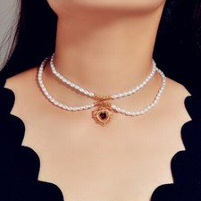 Textured Jewellery Double layer Pearl Chain Red Rhinestone Gold Heart Necklace Pearl Necklace price
