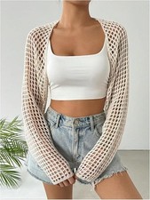 OYOANGLE Bolero Cardigan Medium Women Beige Hollow Out Cropped 194CL439144 Bolero price