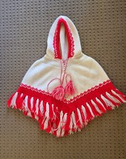 Vintage 1970s Baby Girl Hooded Poncho Cape Red White Knit Fringe Size 1-2 Tassel Baby Mevlut Outfit price