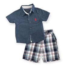 US Polo Assn Baby Boys 24M Outfit Set Shirt Shorts Plaid Blue Red White Baby Mevlut Outfit price