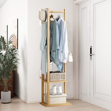Bamboo Clothing Rack Corner Coat Rack Stand Hall Trees Free Standing w 2 Shelves Hall Stand price