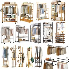 Free Standing Wooden Coat Rack Hall Tree Stand Clothes Rail Shelves Wheels Hooks Hall Stand price