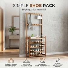 Bamboo Hall Tree Shoe Rack 70cm Wide Natural Timber Coat Stand Multi Tier Hooks Hall Stand price