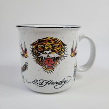 Ed Hardy White Ceramic Coffee Mug Tattoo Art Tiger Bulldog Hannya Shark 20oz Traditional Beverages price
