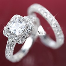 18K GOLD GF VINTAGE SILVER SQUARE CT DIAMONDS ENGAGEMENT WEDDING BAND RINGS SET Diamond Solitaire Ring price