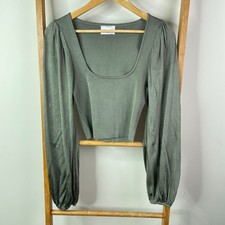 Sheike Top Womens Medium Grey Square Neck Balloon Long Sleeve Cropped Stretch Blouse price