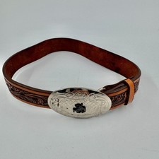 Boys 20" Vtg 1983 Brown Tooled Leather Dan Western Belt Silver Buckle Rodeo USA Kids' Belts price