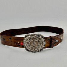 Vintage Quality Hand Tooled Leather Painted Western Belt Brown USA 18" - DIANE Kids' Belts price