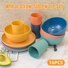16Pcs Wheat Straw Dinnerware Serving Set Unbreakable Tableware Plates Microwave Dinnerware Set price