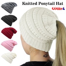 Women's Ponytail Beanie Skull Cap Winter Warm Stretch Cable Knit High Bun Hat Women's Hat price