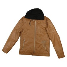 GUESS Jacket Mens LARGE Brown Faux Leather Moto Layered Biker Hooded Size L Motorcycle Jackets price
