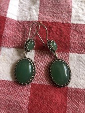 DGS Turkey 925 Sterling Silver Green Jade Dangle Drop Earrings Vintage DGS price