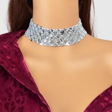 Shinny Wide Black Silver Sequin Choker Necklace Short Collar Costume Jewellery Costume Necklace price