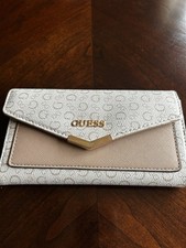 GUESS Logo Print Women's Cream Folding Wallet with Back Zip Pocket & Card Slots Women's Card Holder price