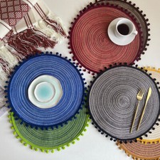 Linen Table Mats Lace Placemat Set Multicoloured Woven Tableware Mat Round 38cm Placemat price