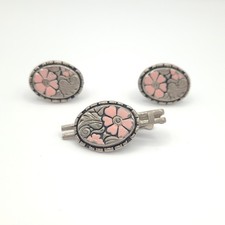 Vintage Floral Tie Clip & Cufflinks Set Pink Silver Tone Oval Gift for Him Cufflinks price