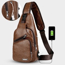 Mens Leather Shoulder Bag Sling Chest Pack USB Charging Sports Crossbody Handbag Men''s Handbag price
