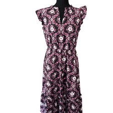 LOFT Women Small Black Purple Floral Ruffle Midi Dress Boho Romantic Modest Clothing price