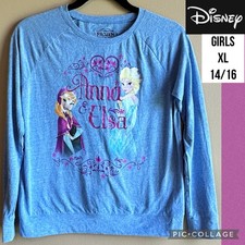 Disney Girls T-Shirt Frozen Elsa Anna Heather Blue Long Sleeve Size XL 14/16 Girls' T-shirt price