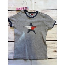 Tommy Hilfiger Girls Gray Ribbed Ringer T-Shirt Star Graphic Navy Trim Size M Girls' T-shirt price
