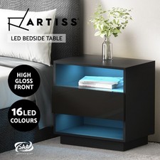 Artiss Bedside Tables 2 Drawers Side Table RGB LED Gloss Nightstand Black HANA Nightstand price