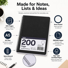 A5 Spiral Notebook Black 200 Pages 58GSM 8mm Ruled FSC Paper Note Pad Notebook & Notepad price