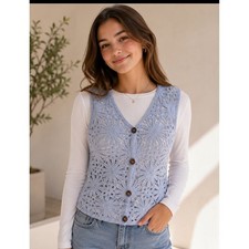 Light Blue Crochet Knit Vest Girls XL Fits Women's Medium Cottagecore Women's Vests price