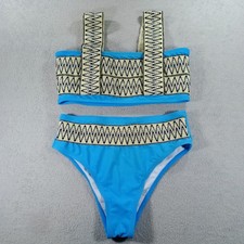 Unbranded Women Bikini Set Blue Medium Geometric Embroidered High Waist Beachwear price