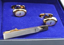 Yves Saint Laurent YSL Cufflinks & Tie Clip Set Gold Silver White w/Box 11790 Tie Pin price