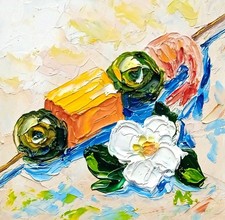 Olives Oil Painting Shrimp Cheese Food Original Art 4x4 in Oil Painting price