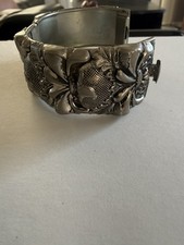 VINTAGE ART NOUVEAU HINGED CUFF BRACELET REPOUSSE, SILVERTONE Fashion Bracelet price