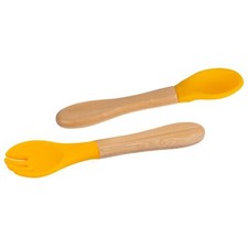 2pc Tiny Dining Yellow Bamboo Baby Weaning Fork & Spoon Set Toddler Feeding Baby Feeding Spoon price