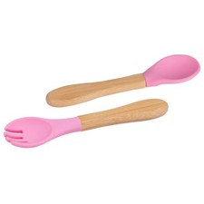 2pc Tiny Dining Pink Bamboo Baby Weaning Fork & Spoon Set Toddler Feeding Baby Feeding Spoon price