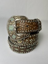 Nocona Womens XL Y2k Leather Western Bling Belt Brown Turquoise Silver Buckle Women's Belt price