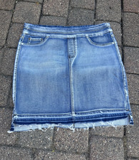 tribal jeans, Stretchy Denim Skirt, size 12 with ripped seam detail on hem line Jeans / Denim Skirt price