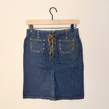Vintage 90s Star Wear Jeans Denim Skirt Above Knee Lace Up Y2K Boho SZ 7/8 Jeans / Denim Skirt price